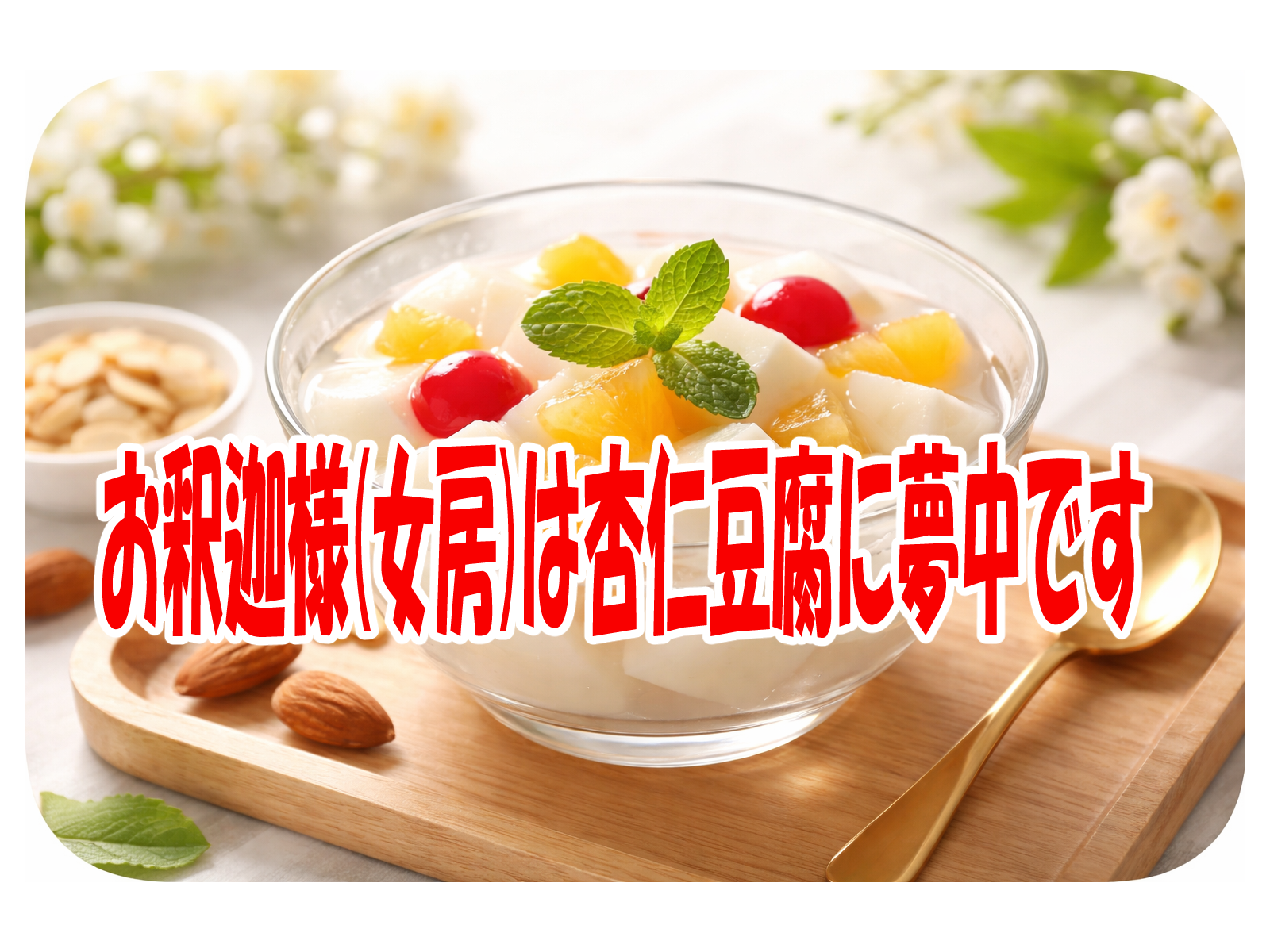 お釈迦様(女房)は杏仁豆腐に夢中です